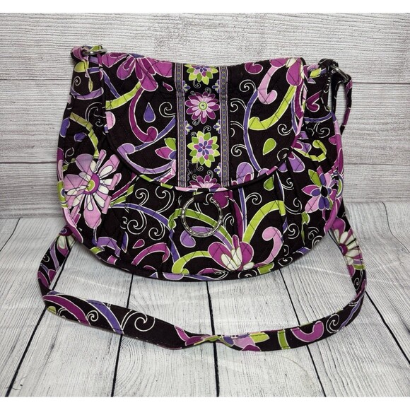 Vera Bradley Handbags - Vera Bradley Little Betsy Saddle Up Sling Crossbody Bag Brown & Purple Floral